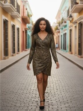 3/4 Sleeve V-Neck Metallic Animal Print Wrap Dress - Gold/Black